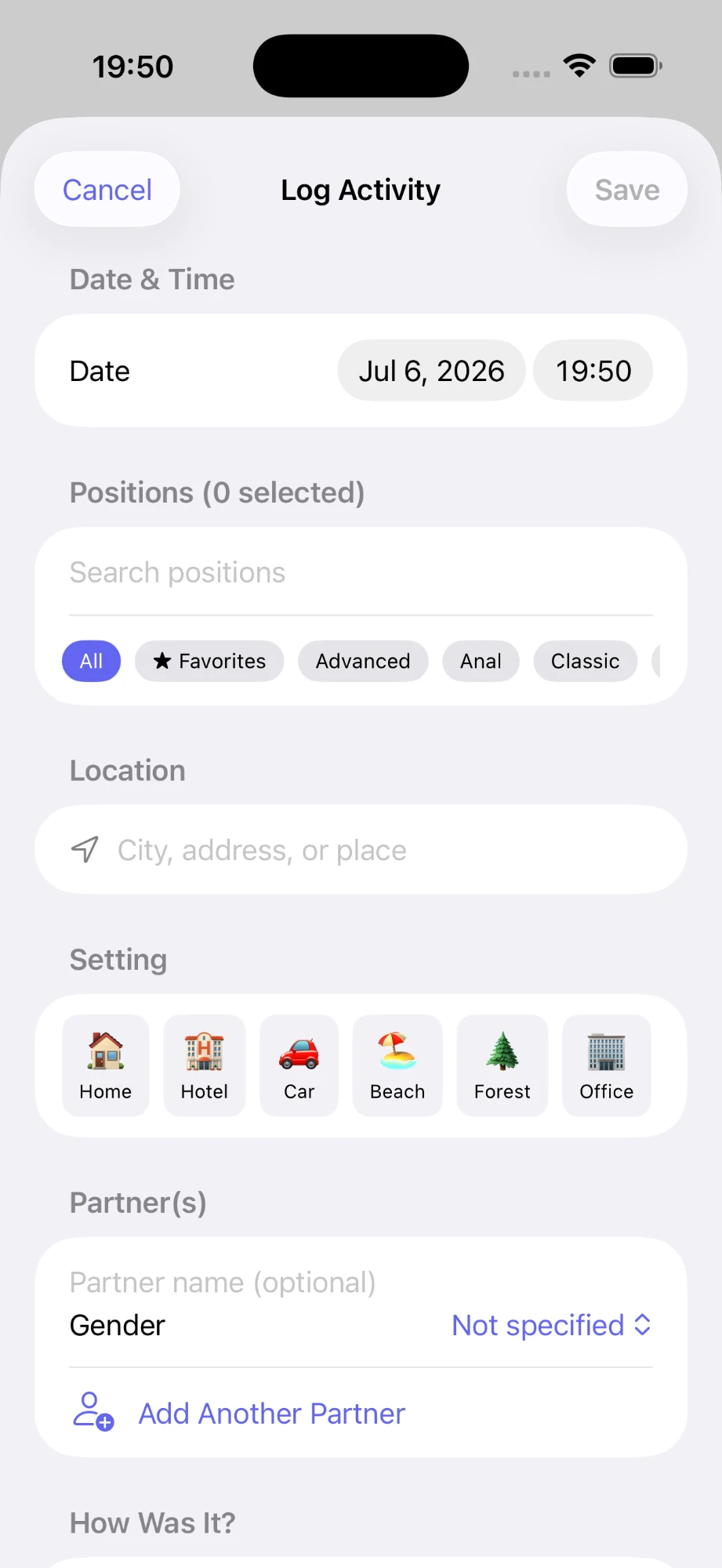Log Activity screen